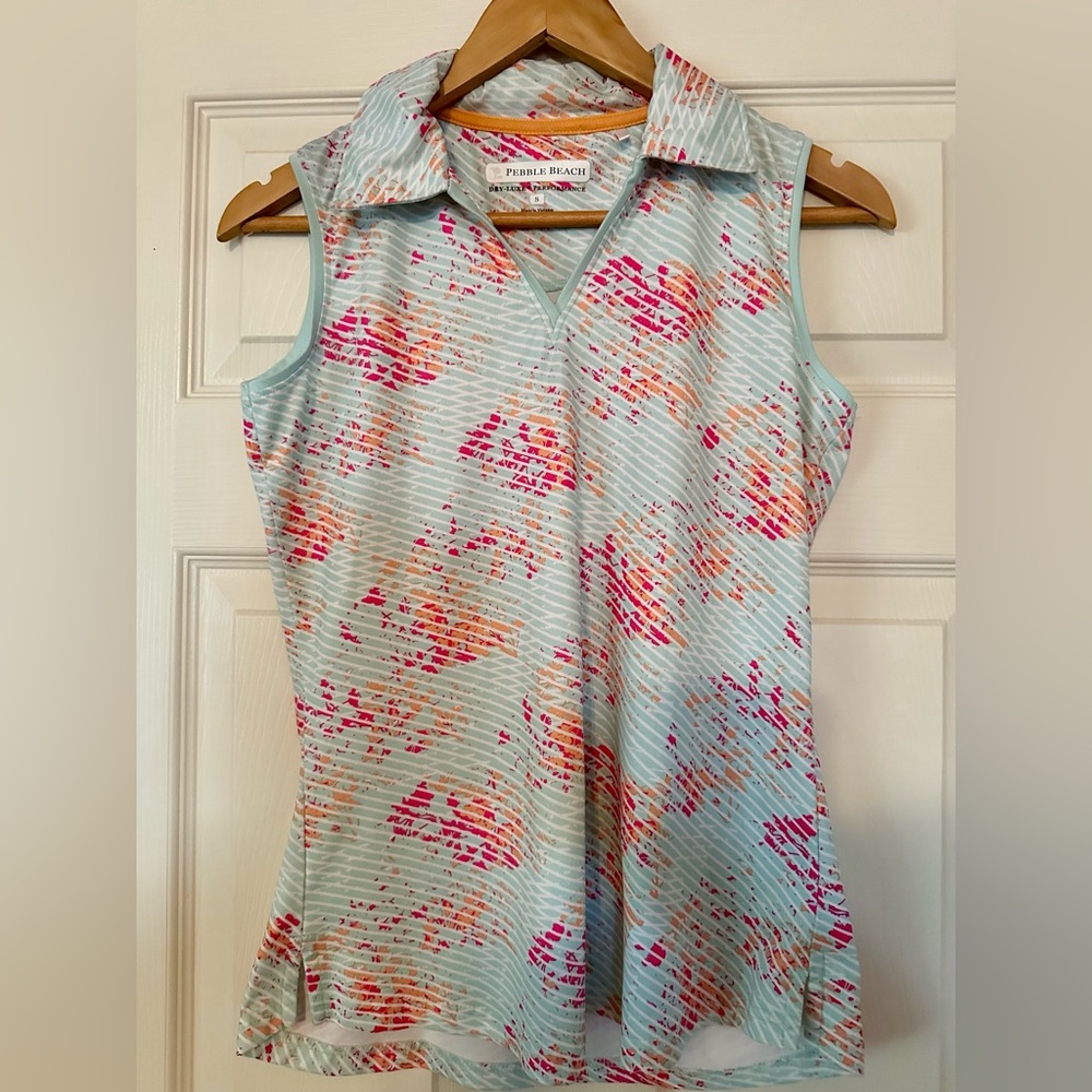 Pebble Beach Light Blue Floral Sleeveless Polo with Pink and Orange Accents